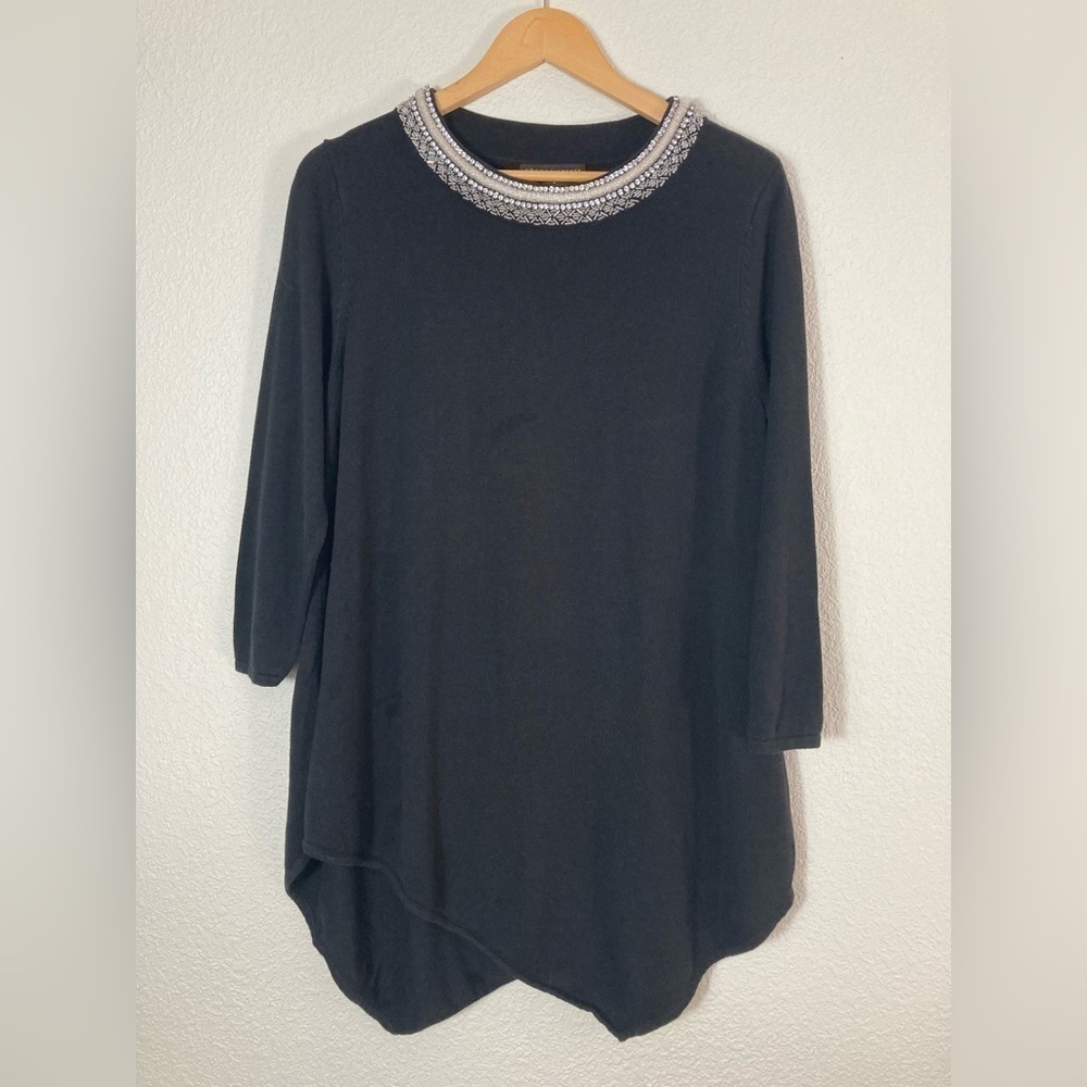Grace Elements black blouse sweater beaded neck asymmetrical handkerchief hem L